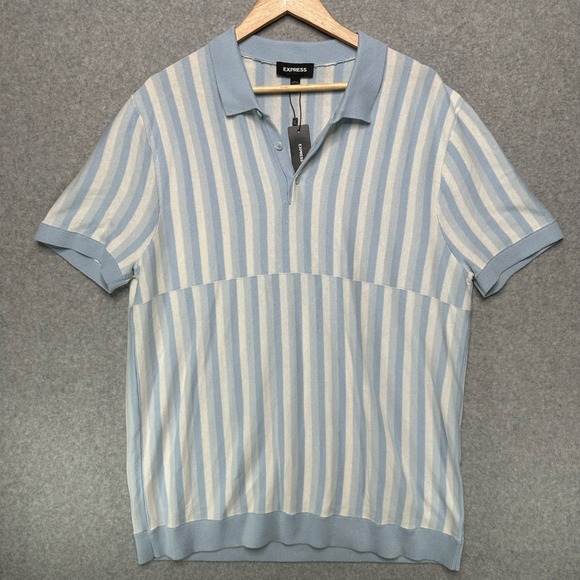 Express Mens Short Sleeve Striped Knit Sweater Polo Light Blue White XL NEW - Picture 2 of 8